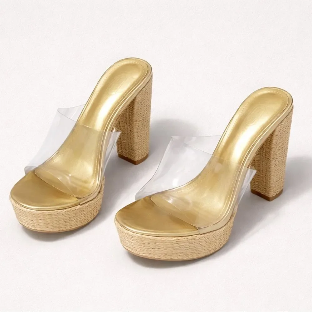 Boho Tan clear open toe platform block heel slip on sandals high heel size 11